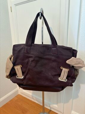 Structured Leather Tote in Plum with Beige Accents